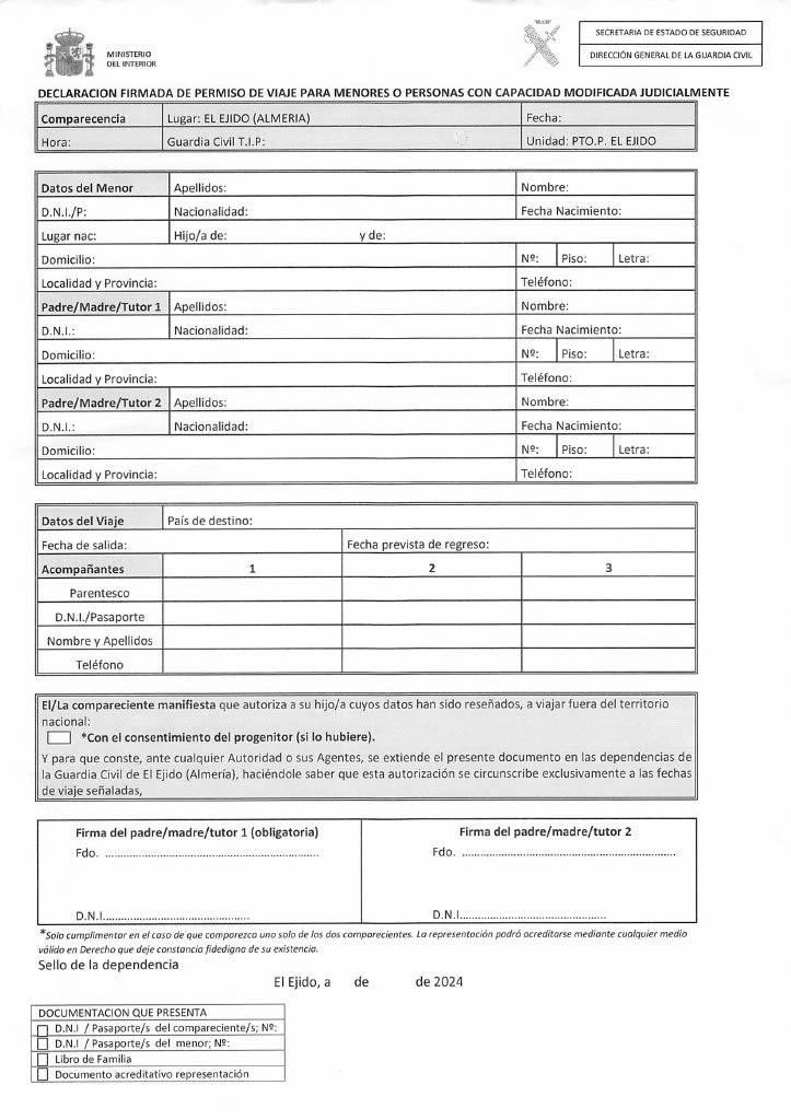 Declaración firmada de permiso de viaje para menores o personas con capacidad modificada judicialmente